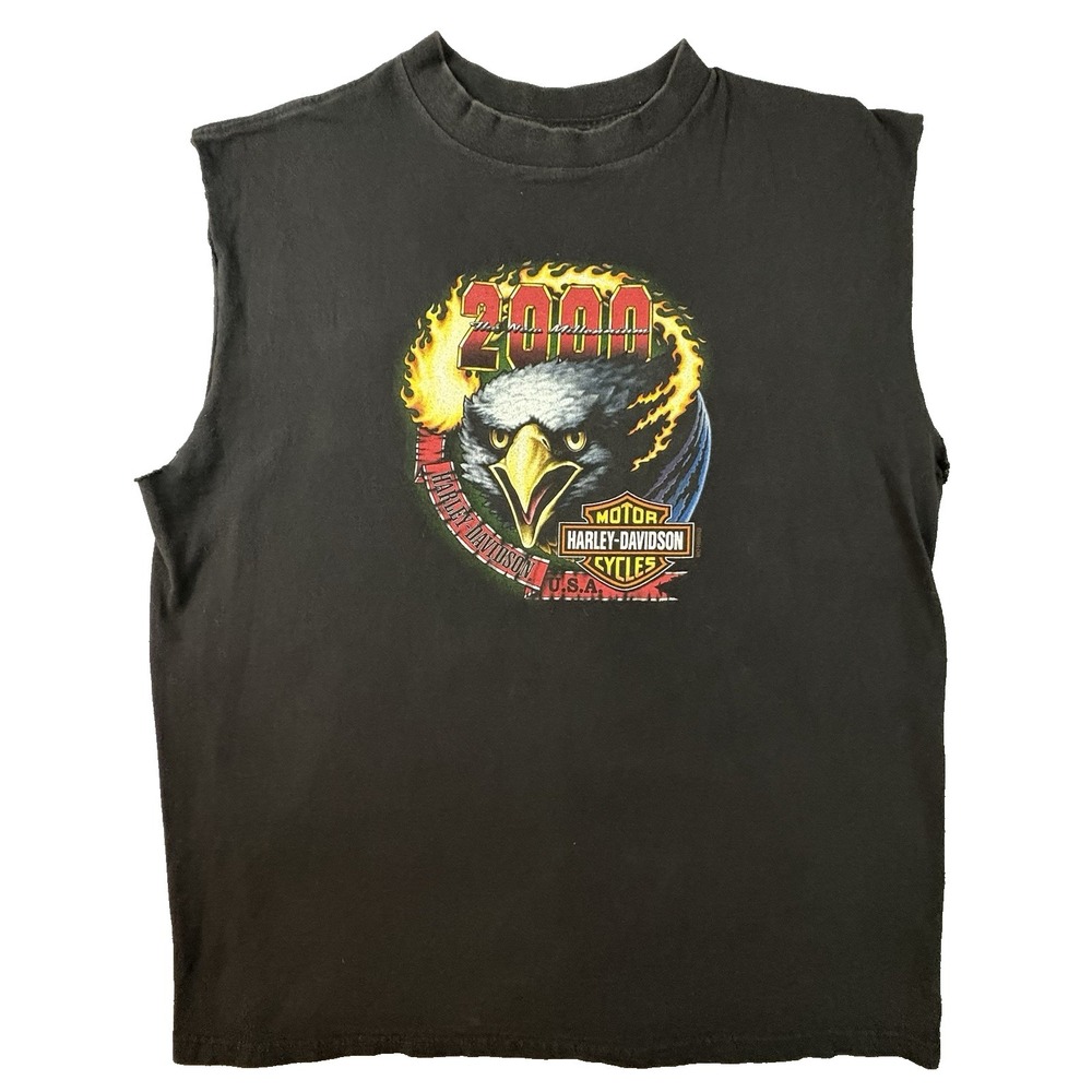 VTG Harley Davidson Men's XL Black 2000 Y2K Eagle‎ Sleeveless Biker T SEE DESC